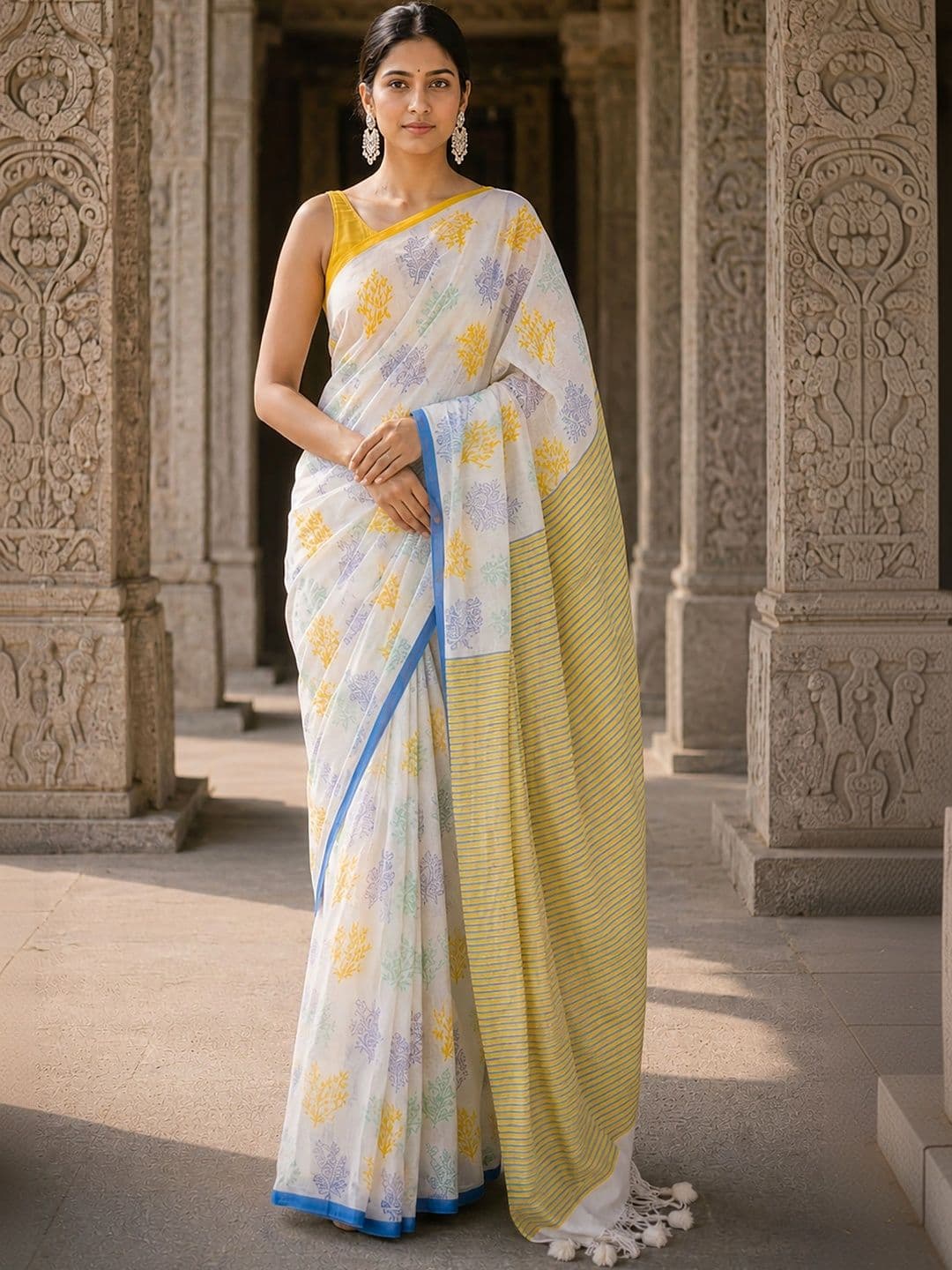 KALINI Floral Linen Blend Designer Block Print Saree - view 1