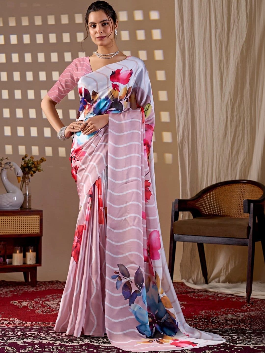 DIVASTRI Floral Satin Designer Saree - view 1
