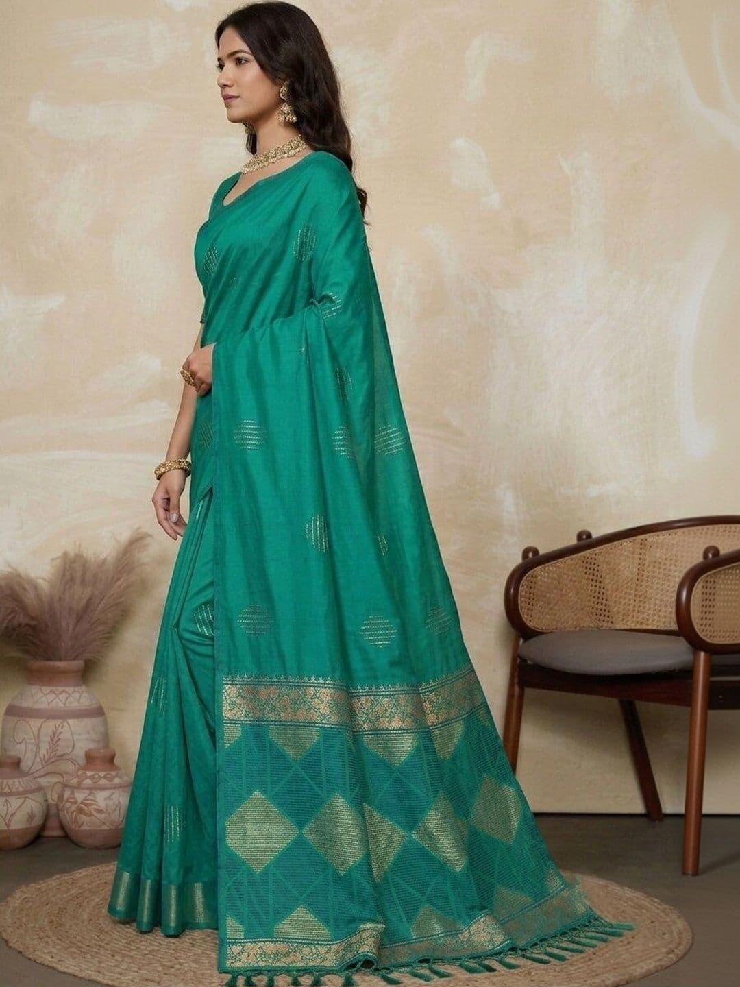 UMANTA Ethnic Motifs Woven Design Zari  Cotton Silk Banarasi Saree thumbnail 7