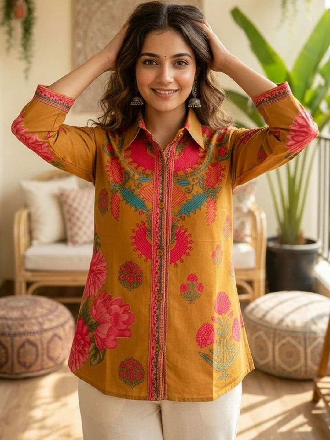 Anouk Floral Printed Shirt Collar Pure Cotton Blend Kurti thumbnail 6