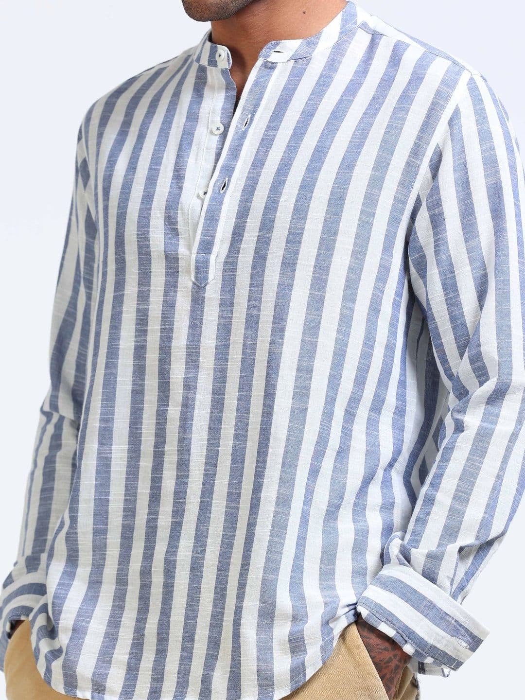 StitchX Men's Pure Cotton Striped Mandarin Collar Kurta Shirt thumbnail 7