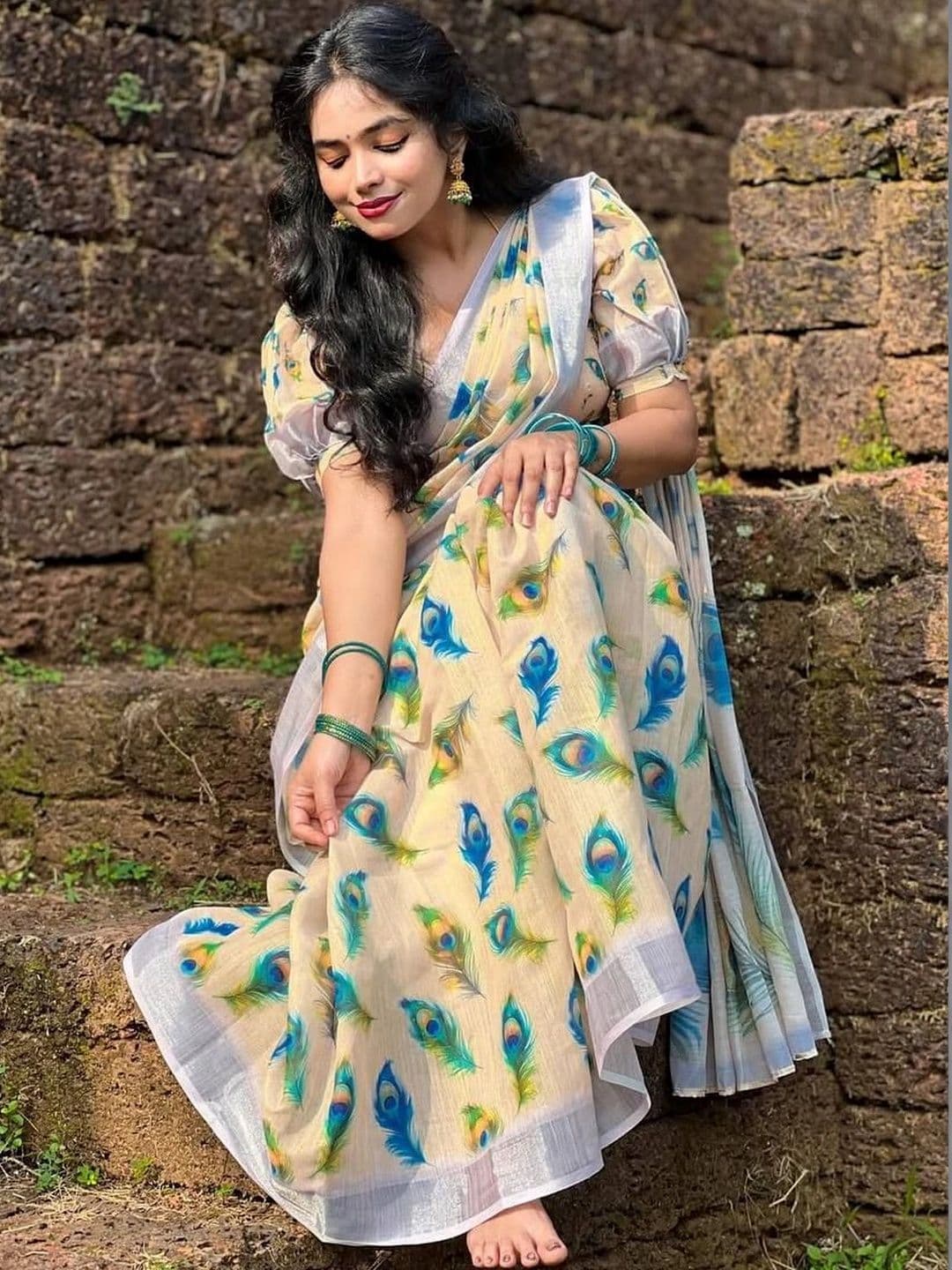 saneria silk Floral Linen Blend Kota Saree thumbnail 5
