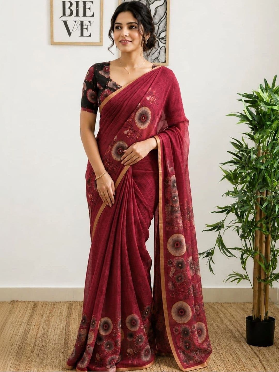 SHRIJAMYAHAM Floral Linen Blend Saree - view 1