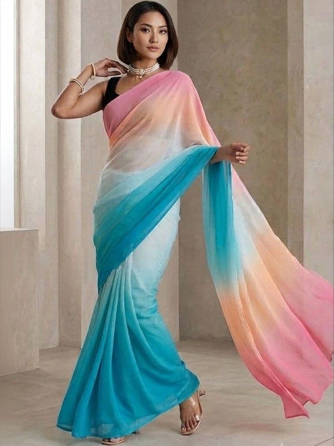 HERE&NOW Ombre Poly Georgette Saree - view 1