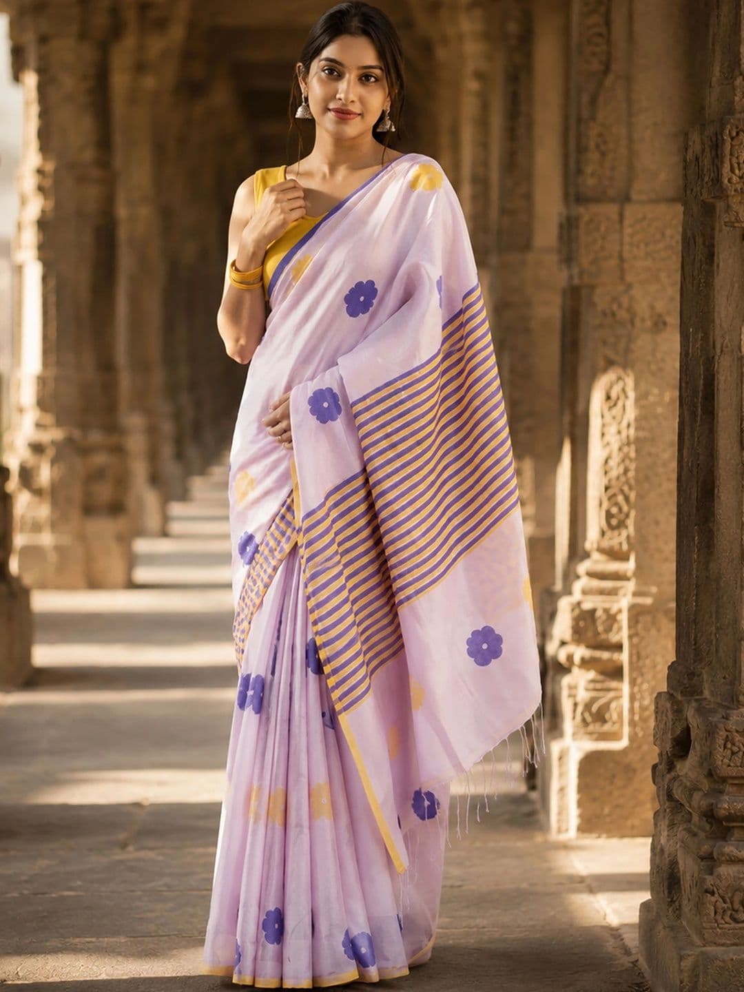 KALINI Floral Linen Blend Designer Block Print Saree thumbnail 4