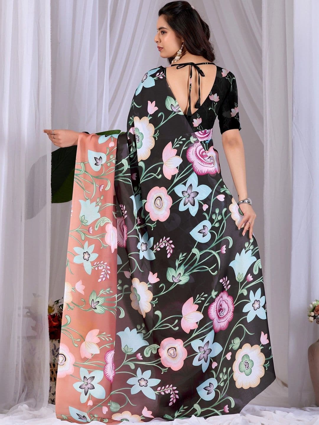 Mitera Floral Satin Designer Saree thumbnail 4