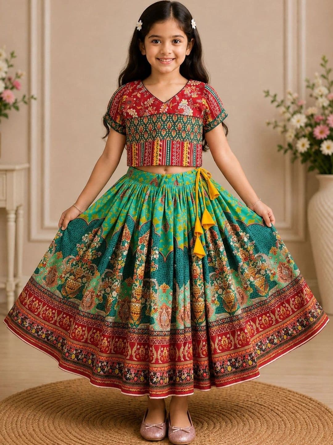 KALINI Girls Printed Kalamkari Ready to Wear Lehenga & - view 1