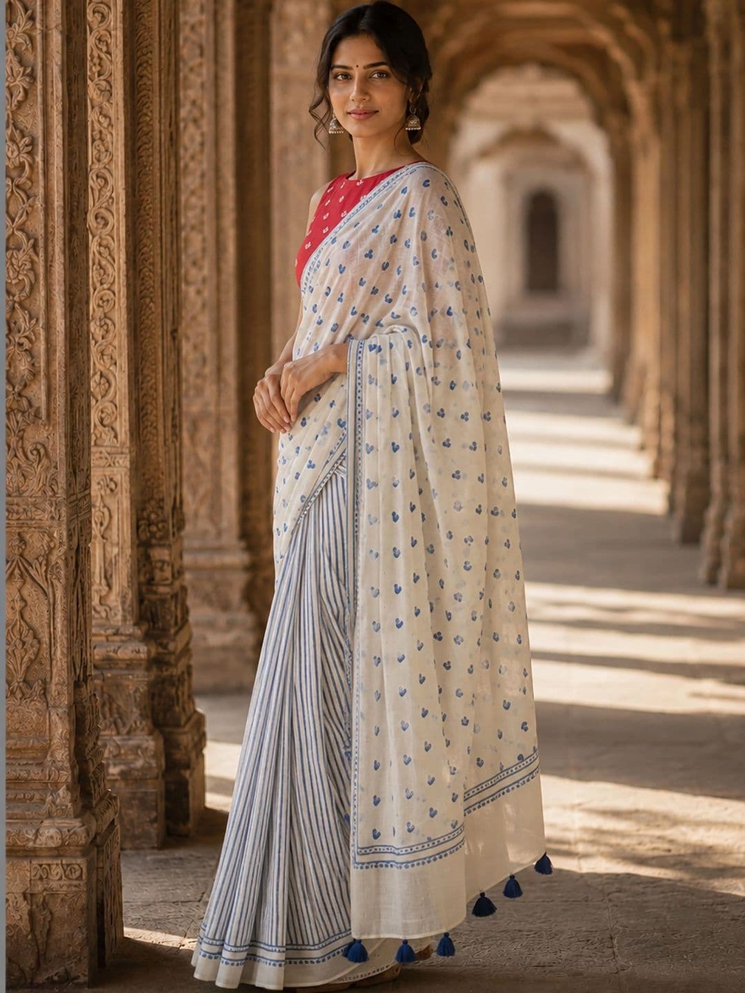 KALINI Linen Blend Designer Block Print Saree thumbnail 2