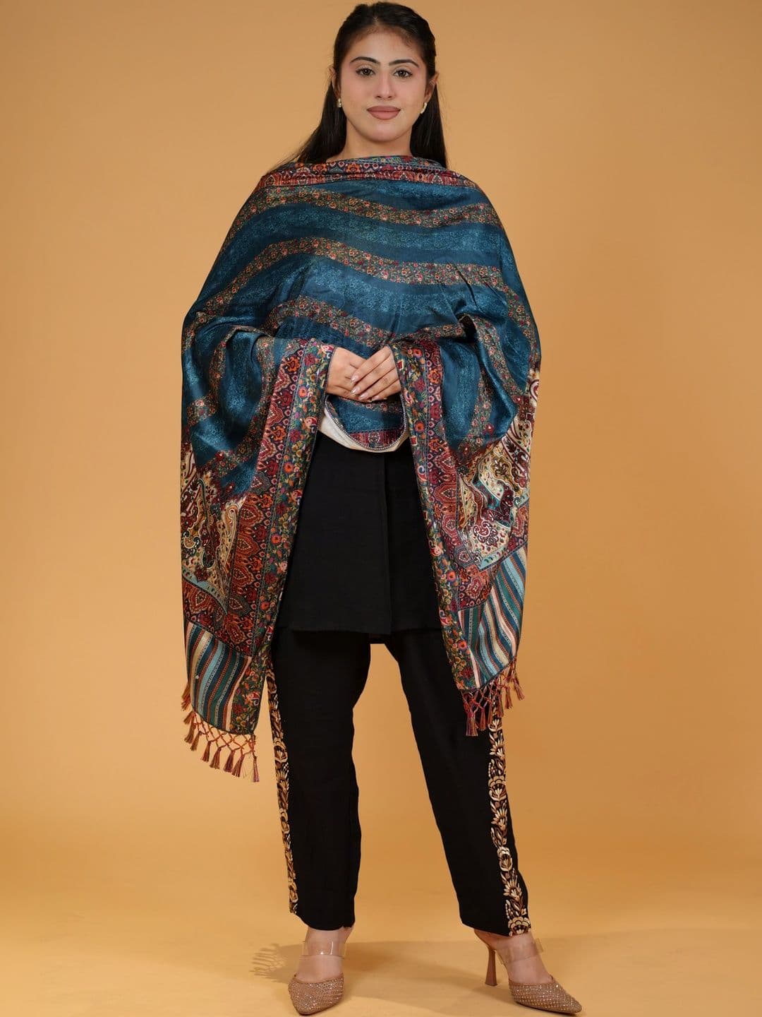 S.T. Women Ethnic Motifs Woven Design Velvet Shawl thumbnail 4