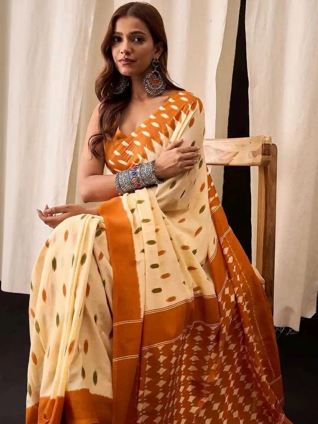 Mitita Fashion Women Cream & Orange Ikat Geometric Printed Cotton Saree thumbnail 3