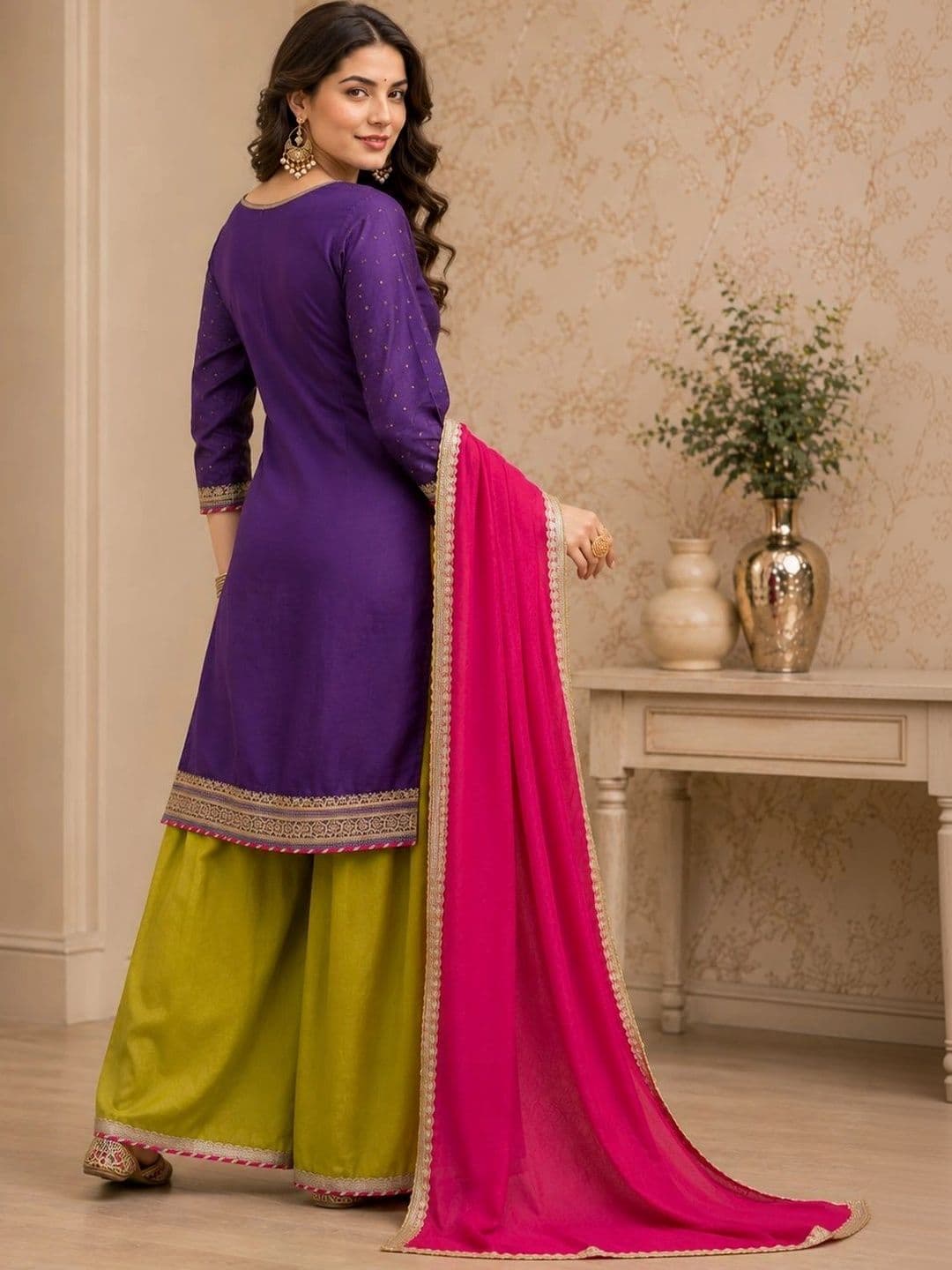 Sangria Women Ethnic Motifs Embroidered Regular Dupion Silk Kurta with Sharara & With Dupatta thumbnail 6