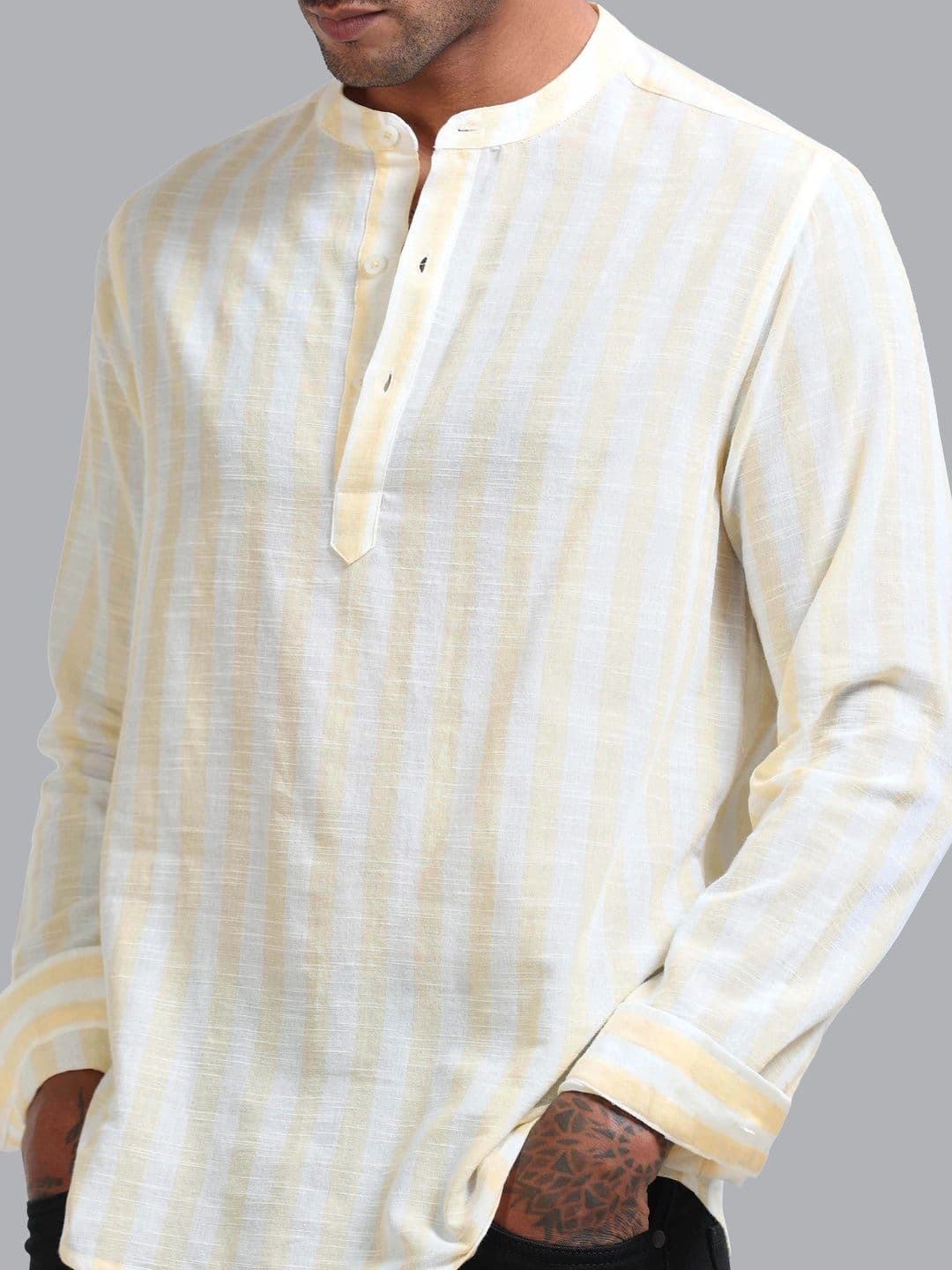 StitchX Men's Pure Cotton Striped Mandarin Collar Kurta Shirt thumbnail 3