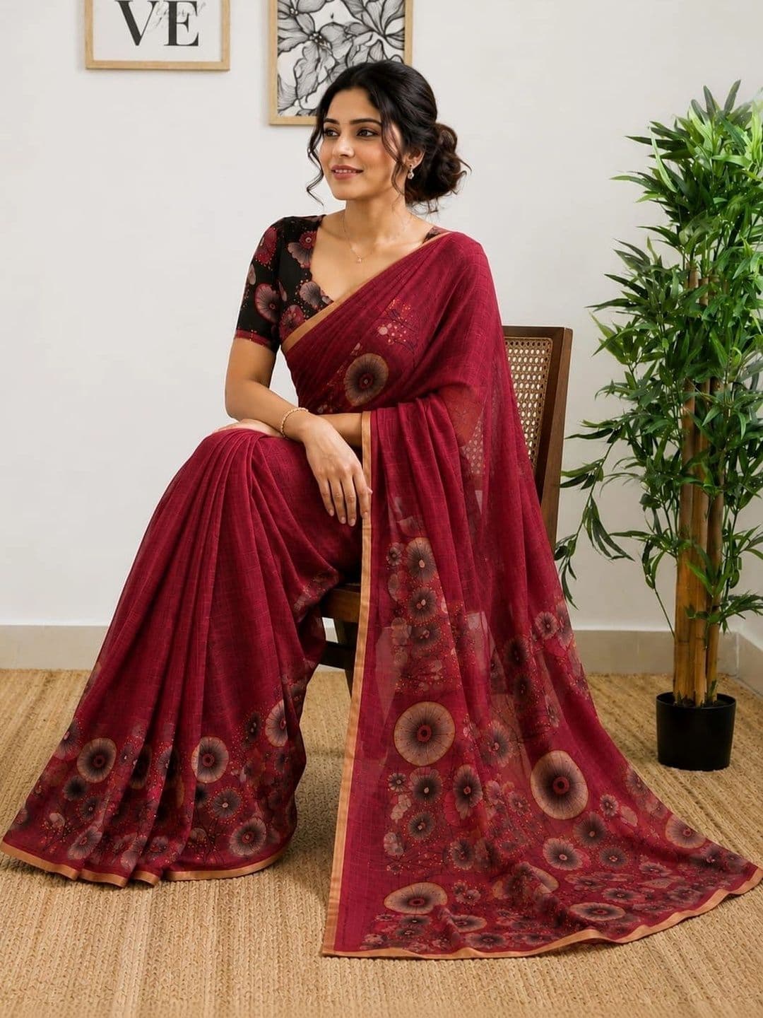 SHRIJAMYAHAM Floral Linen Blend Saree thumbnail 3