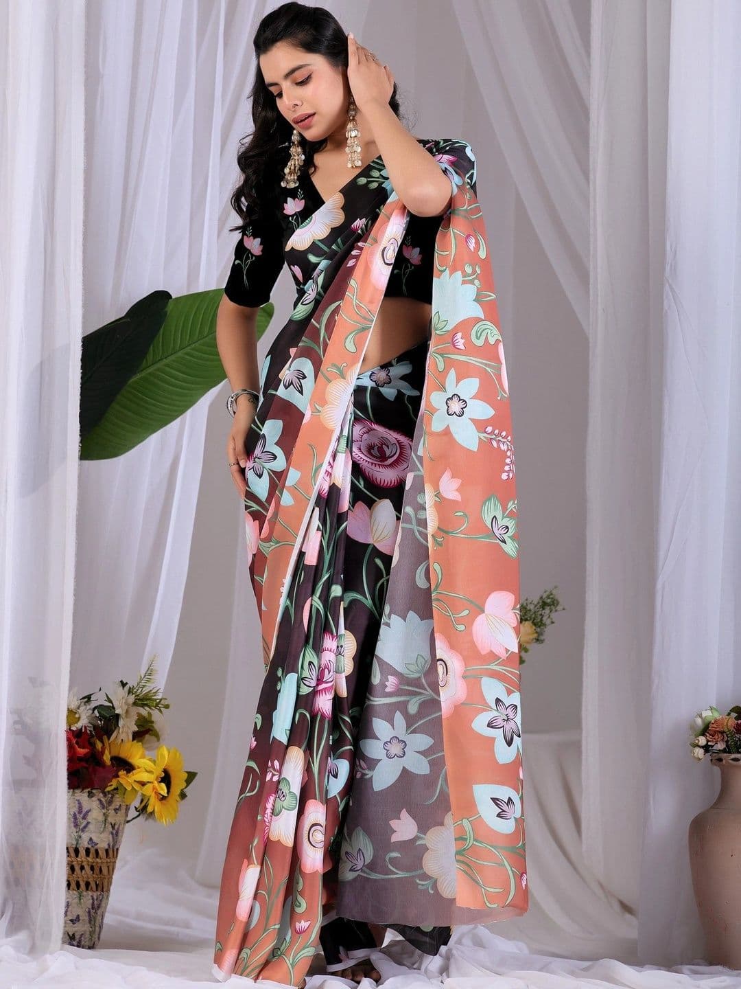 Mitera Floral Satin Designer Saree thumbnail 5