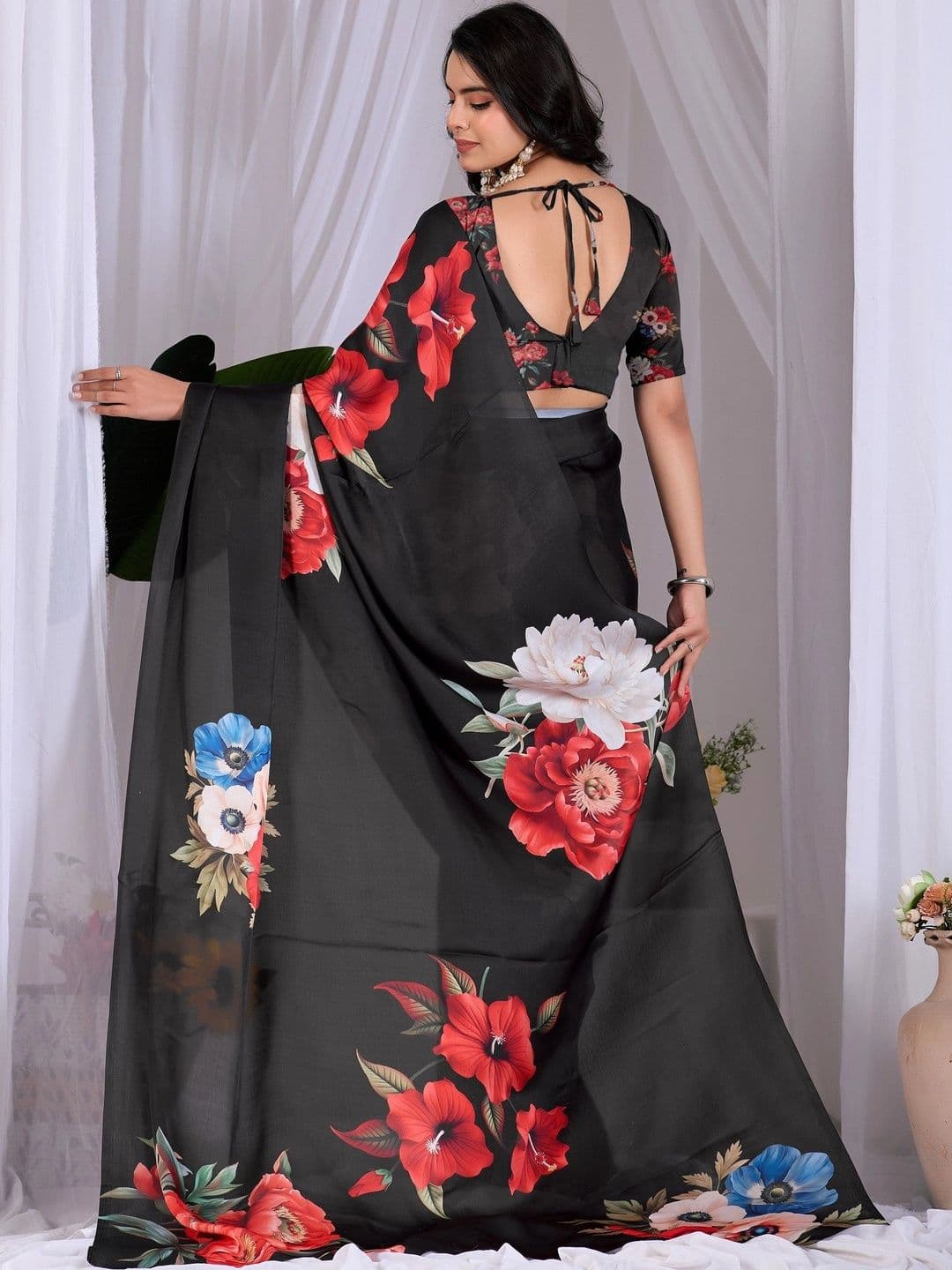 Mitera Floral Satin Designer Saree thumbnail 2