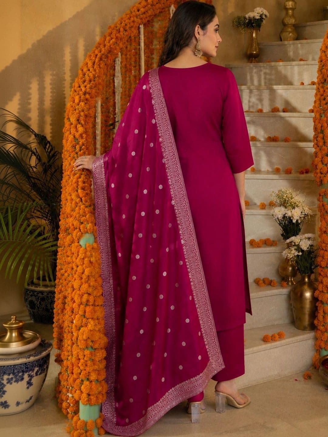 KALINI Women Ethnic Motifs Regular Kurta with Trousers & With Dupatta thumbnail 2