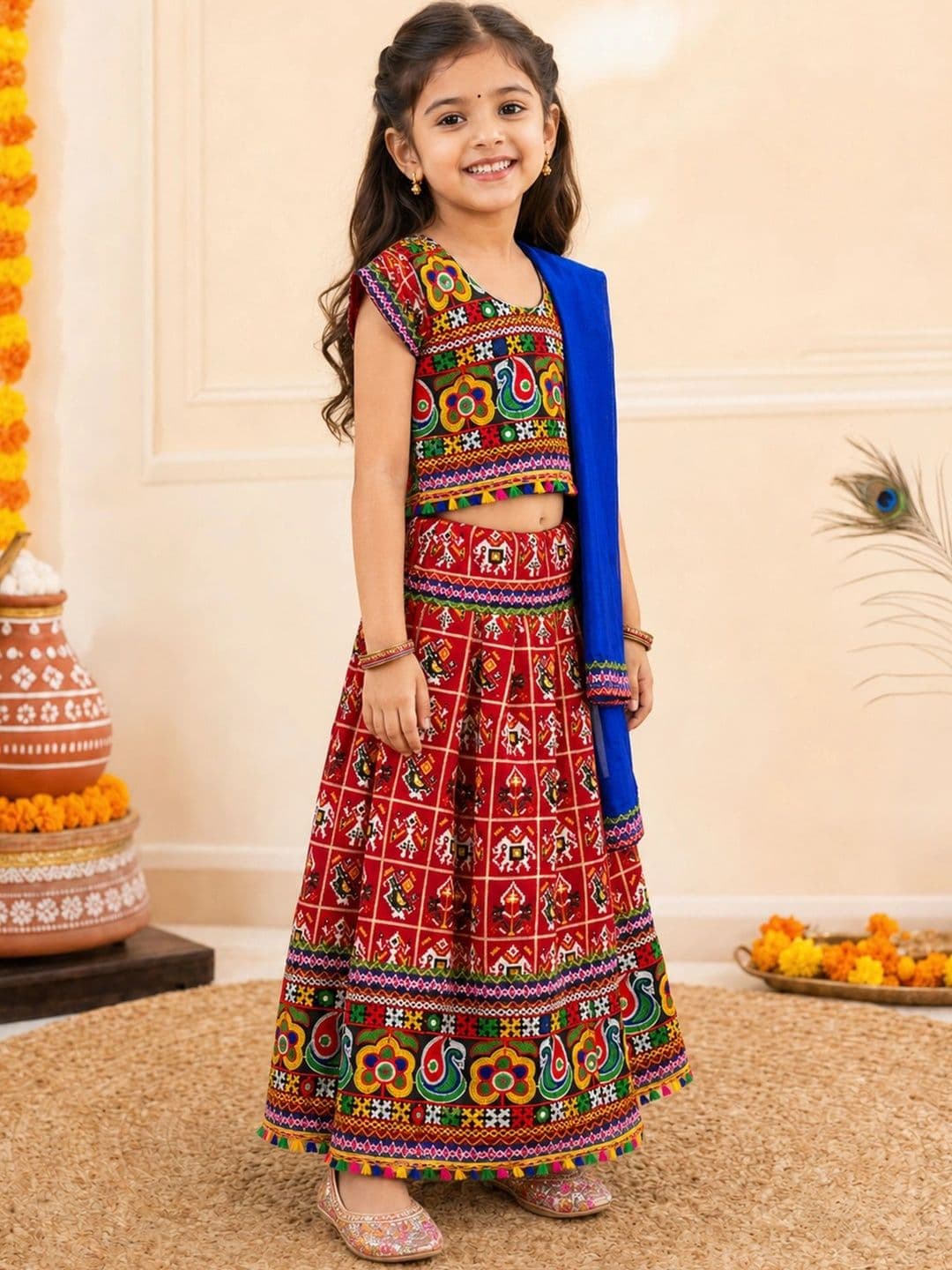 LITTLE GINNIE Girls Embroidered Thread Work Ready to Wear Lehenga & Blouse With Dupatta thumbnail 3