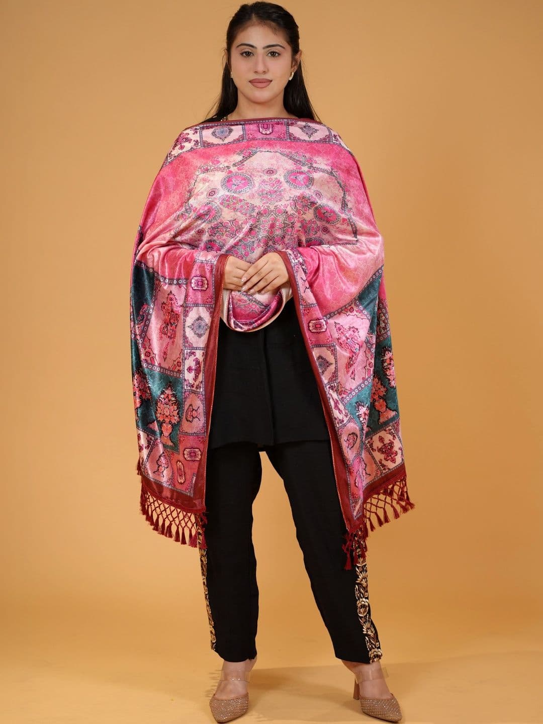 S.T. Women Ethnic Motifs Printed Velvet Shawl thumbnail 3
