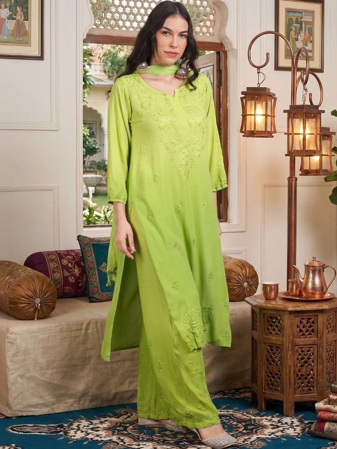 Meiraas Studios Women Ethnic Motifs Embroidered Regular Chikankari Kurta with Palazzos & With Dupatta - view 1
