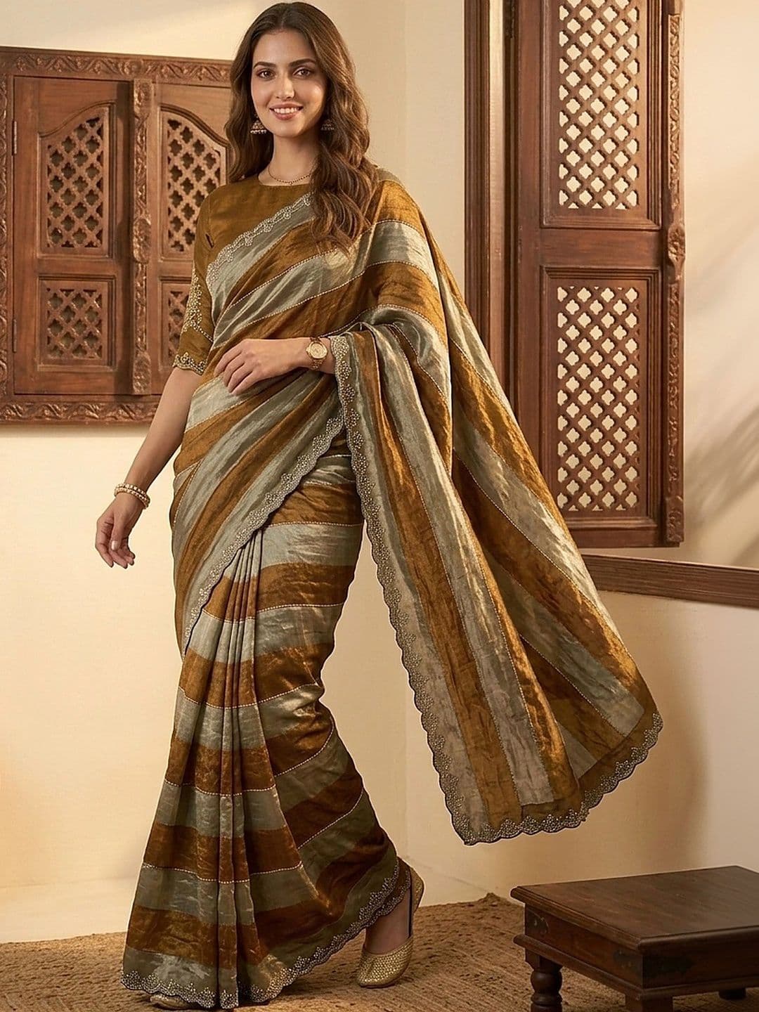 all about you Striped Beads and Stones Silk Blend Fusion Saree - view 1