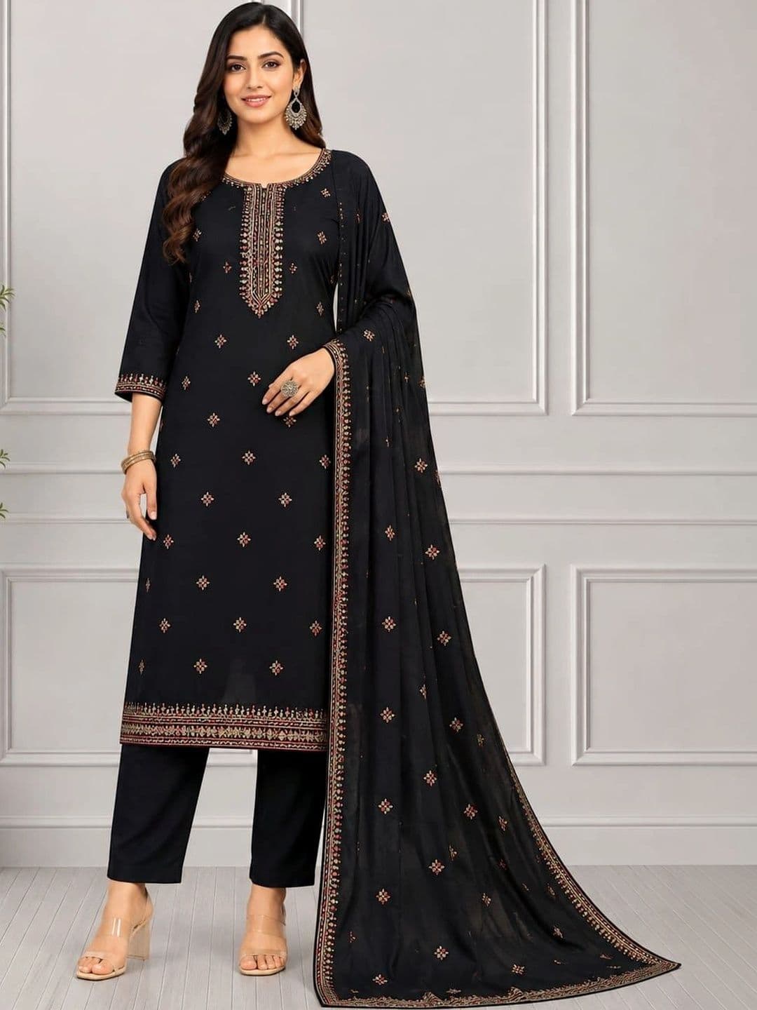 Harvi Women Ethnic Motifs Embroidered Regular Thread Work Kurta with Trousers & With Dupatta - view 1