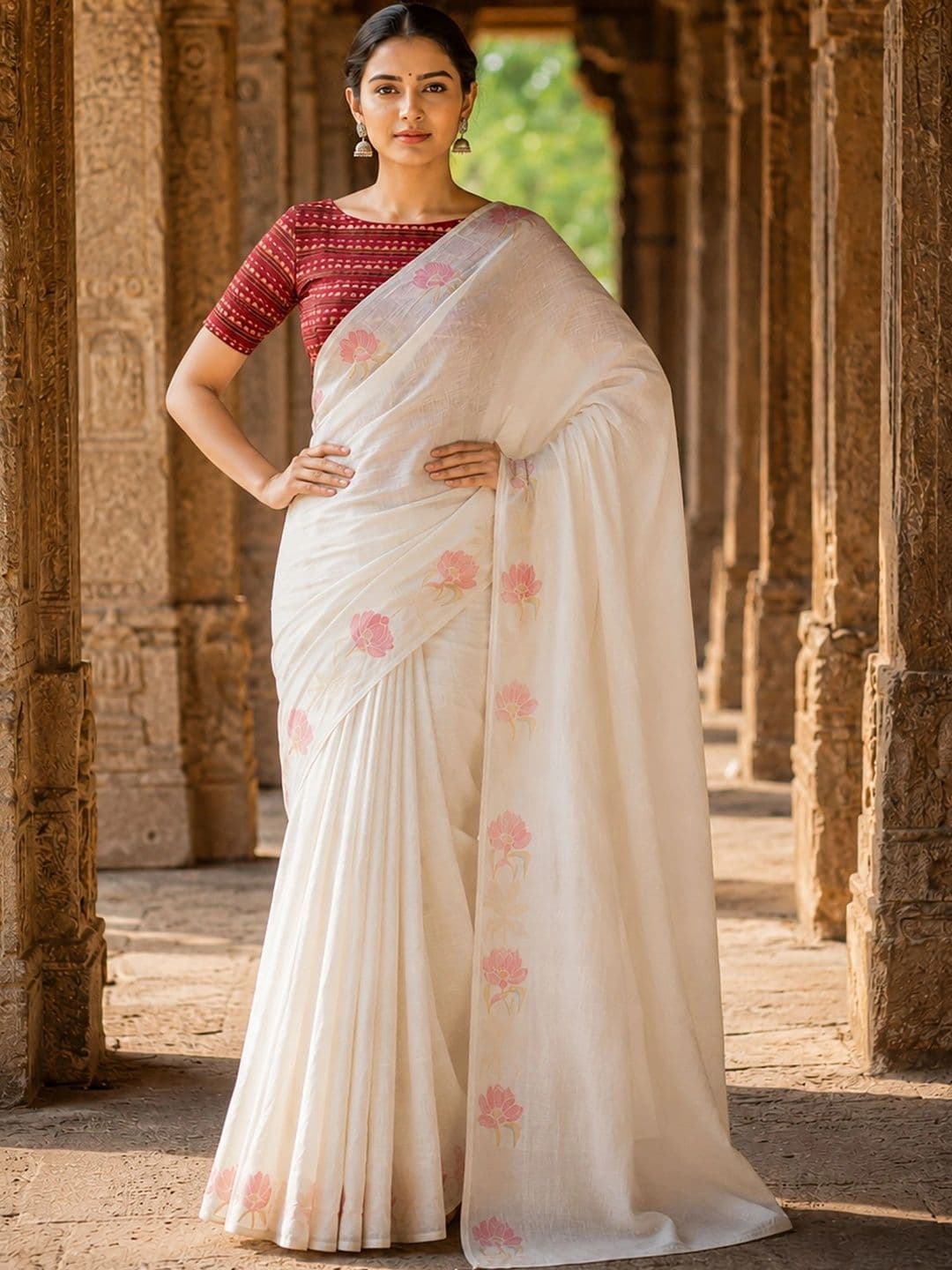 KALINI Floral Linen Blend Designer Block Print Saree thumbnail 4