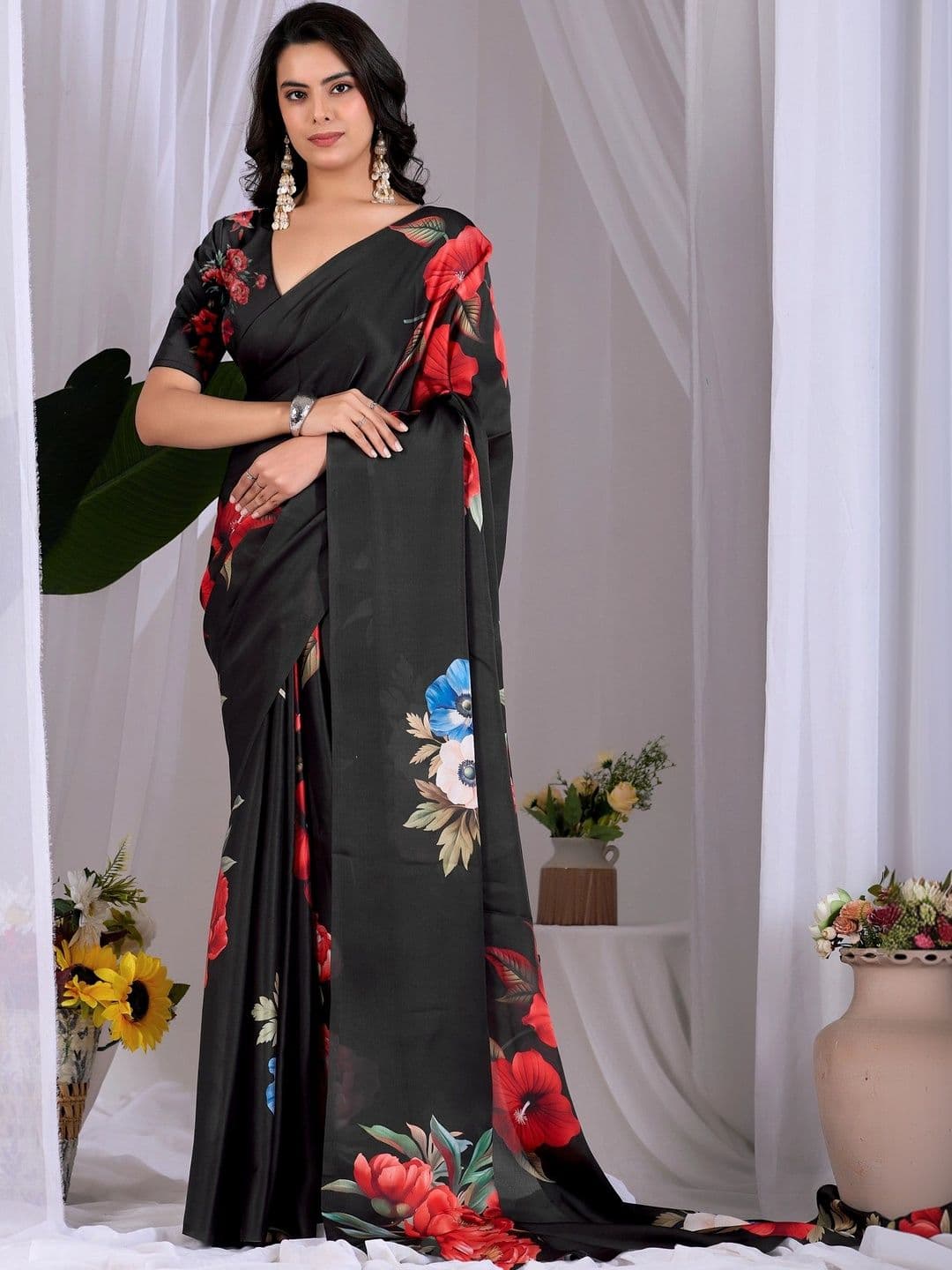 Mitera Floral Satin Designer Saree - view 1