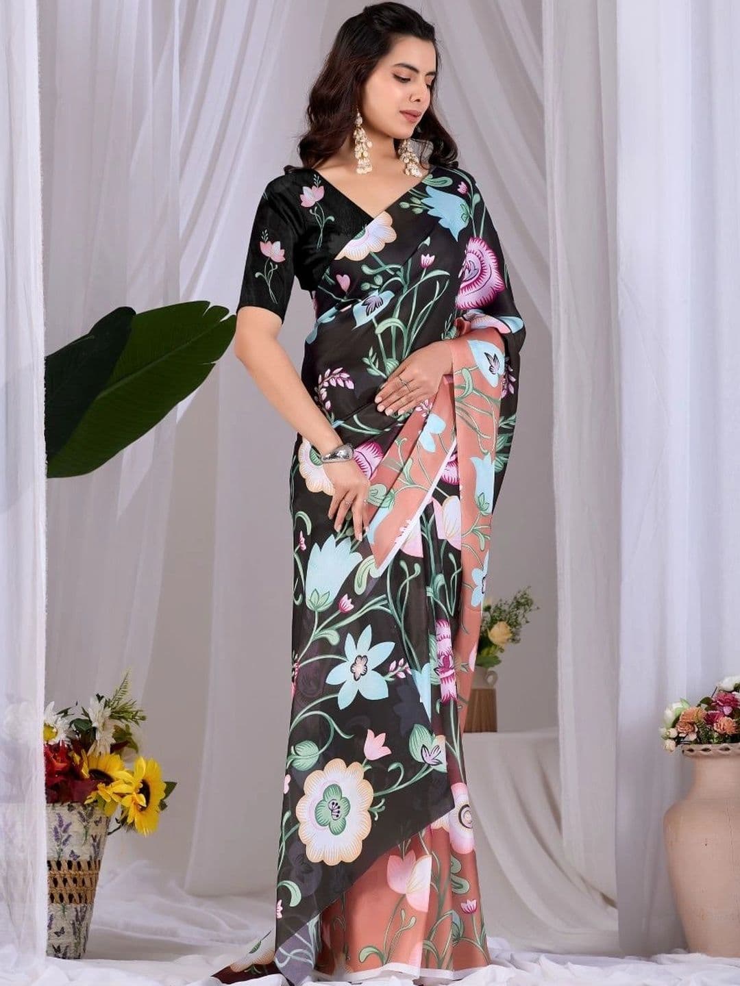 Mitera Floral Satin Designer Saree thumbnail 3