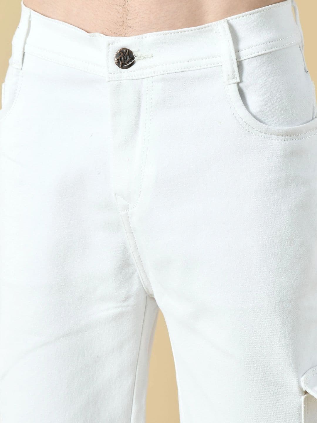 HERE&NOW Men's Mid-Rise White Cargo Straight Fit Jeans with Flap Pockets thumbnail 5