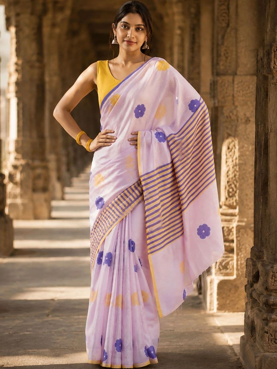 KALINI Floral Linen Blend Designer Block Print Saree - view 1