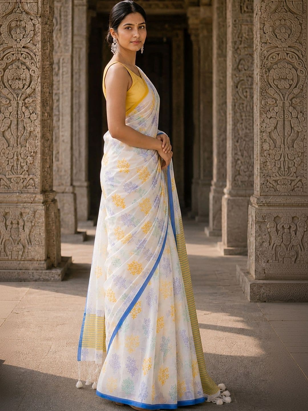 KALINI Floral Linen Blend Designer Block Print Saree thumbnail 4