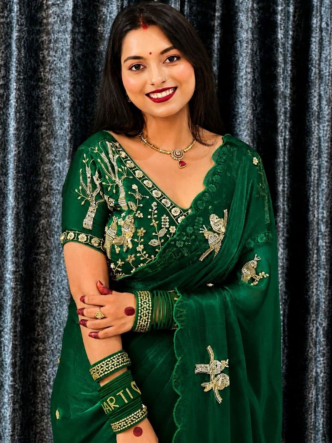 HK TEX Embroidered Satin Saree thumbnail 3