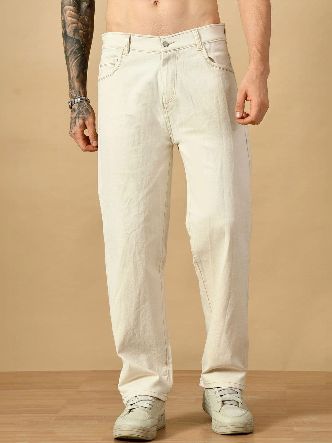 HERE&NOW Men's Beige Wash Contrast-Stitched Relaxed Straight Fit Jeans - view 1