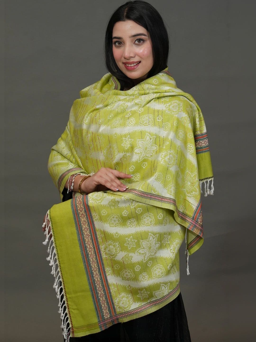 SHIFNEEN Women Floral Woven Design Acrylic Shawl thumbnail 2