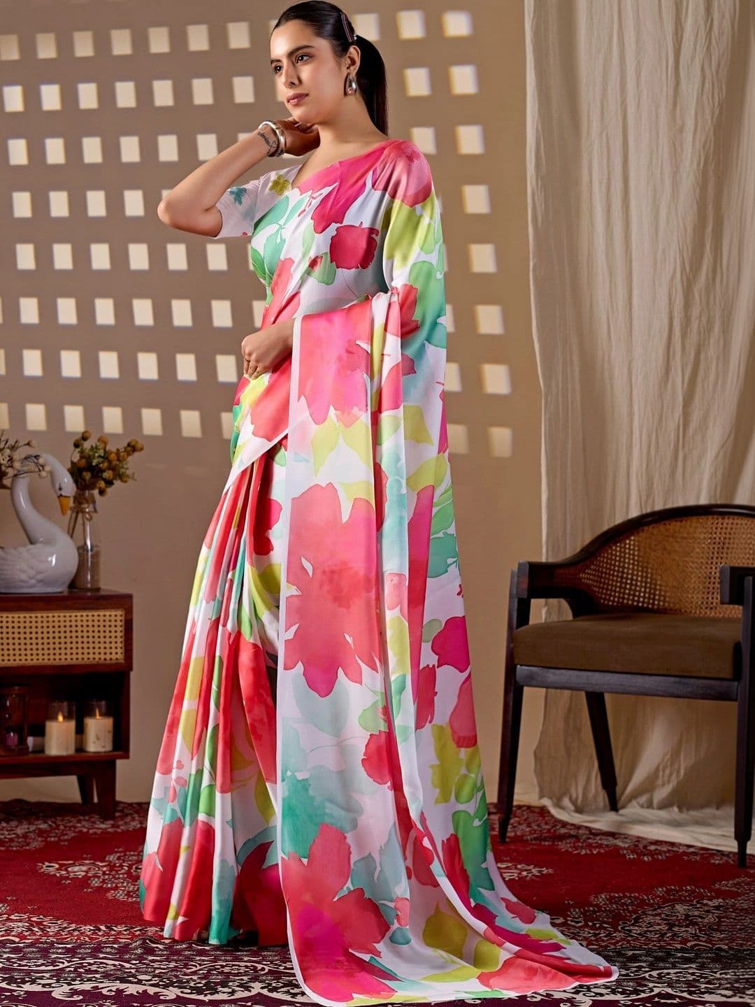 Mitera Floral Satin Designer Saree thumbnail 4