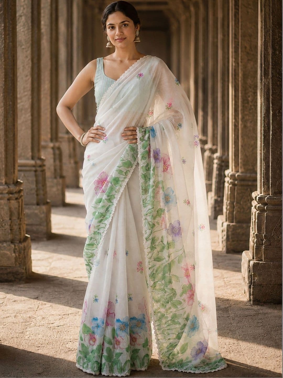 KALINI Floral Linen Blend Designer Block Print Saree thumbnail 2