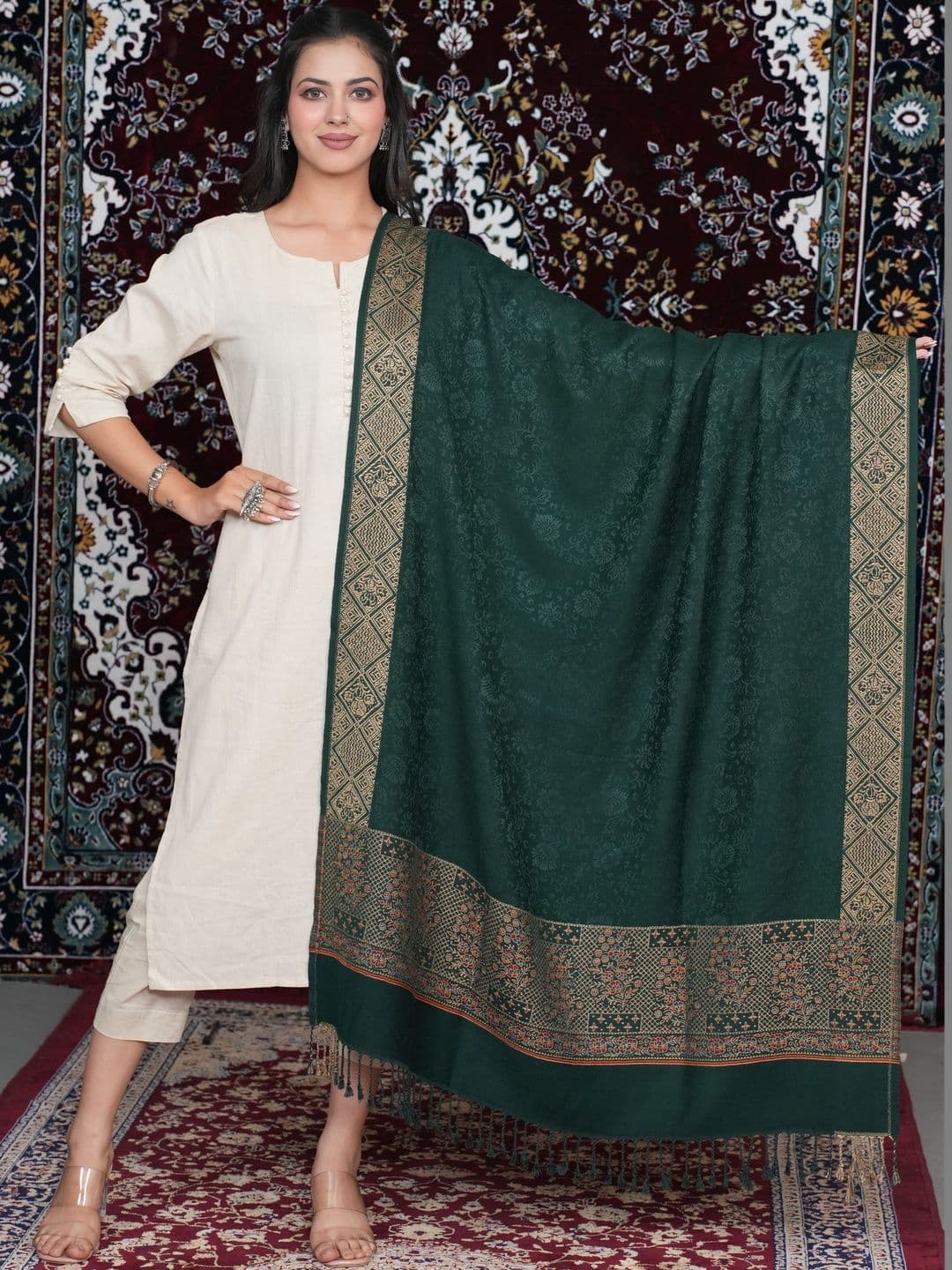 SHIFNEEN Women Ethnic Motifs Woven Design Acrylic Shawl thumbnail 2