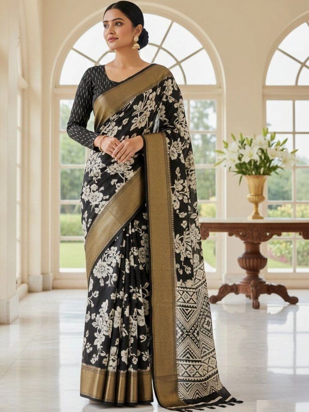 NARIVESH TRENDS Floral Zari Silk Blend Saree - view 1