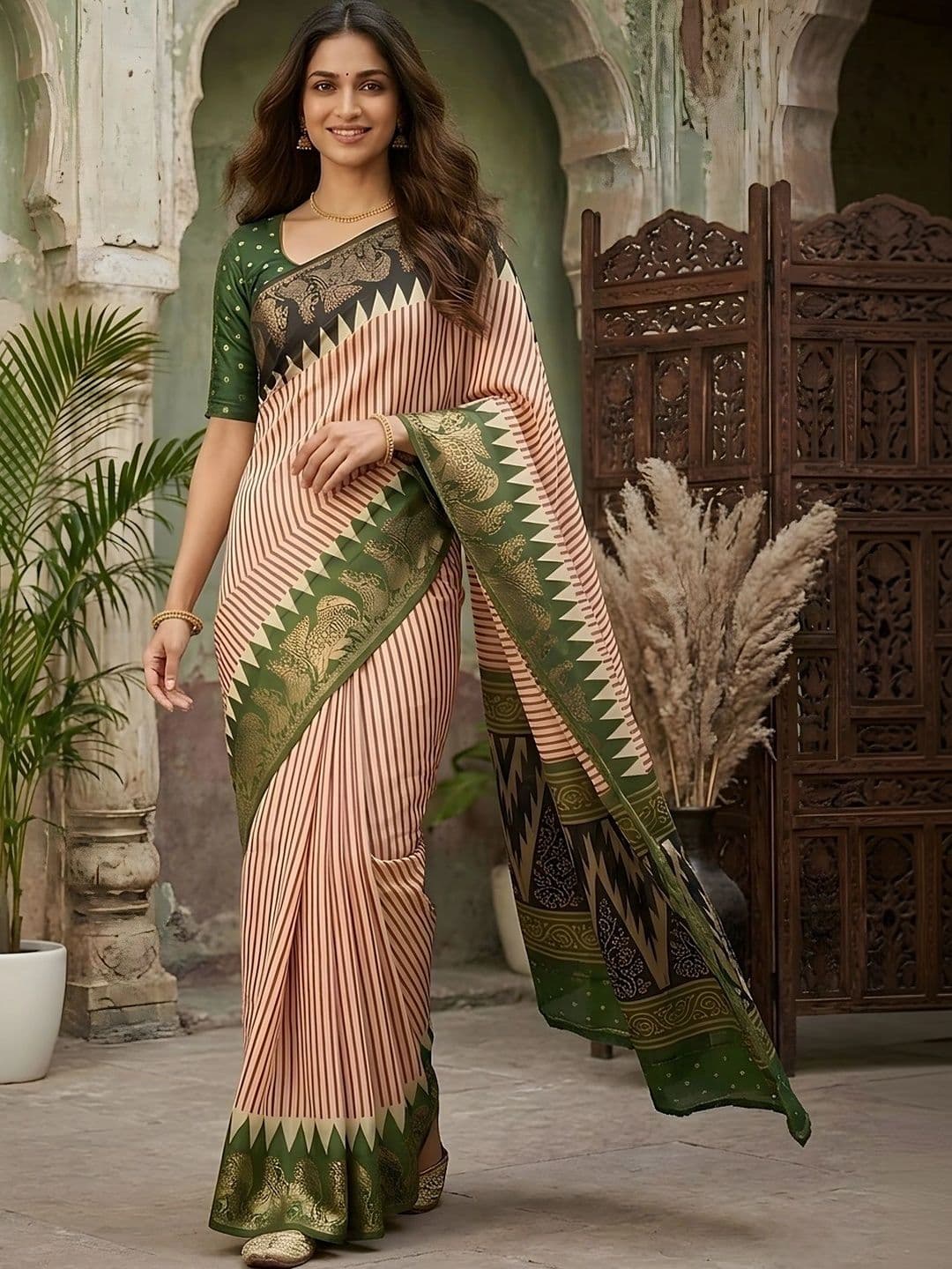 Mitera Striped Zari Silk Blend Designer Saree thumbnail 4