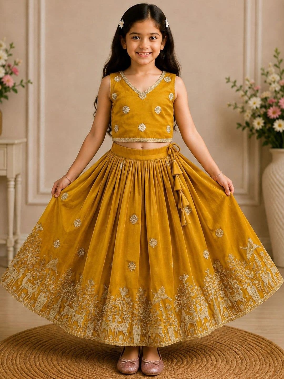 KALINI Girls Embellished Thread Work Ready to Wear Lehenga & - view 1