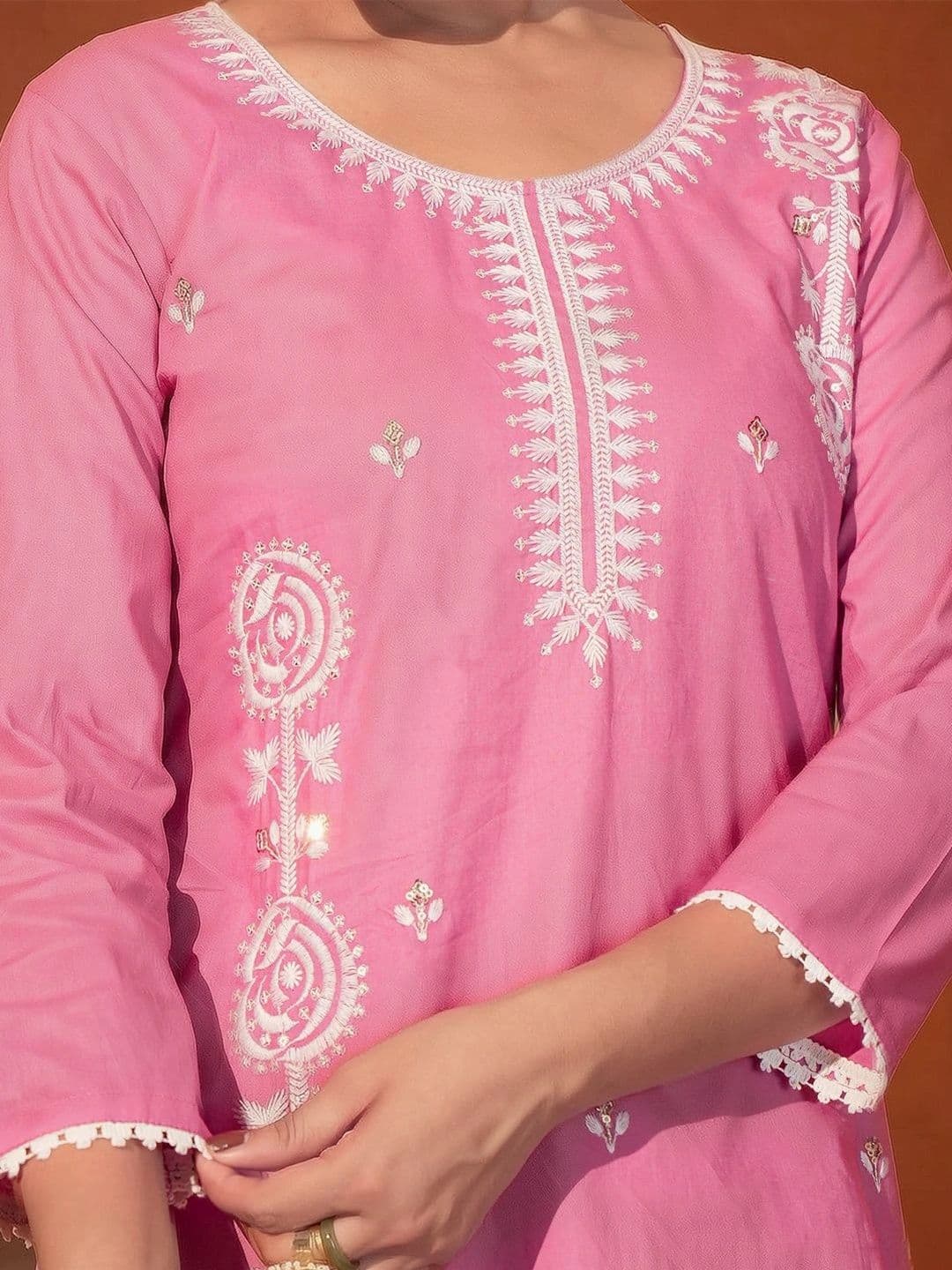 Sangria Women Ethnic Motifs Embroidered Regular Thread Work Pure Cotton Kurta with Trousers & With Dupatta thumbnail 2