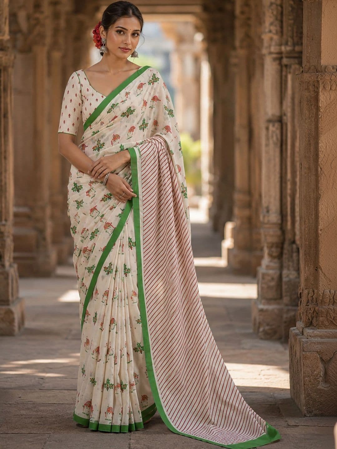 KALINI Floral Linen Blend Designer Block Print Saree - view 1