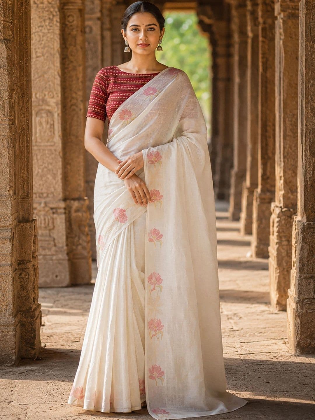 KALINI Floral Linen Blend Designer Block Print Saree - view 1