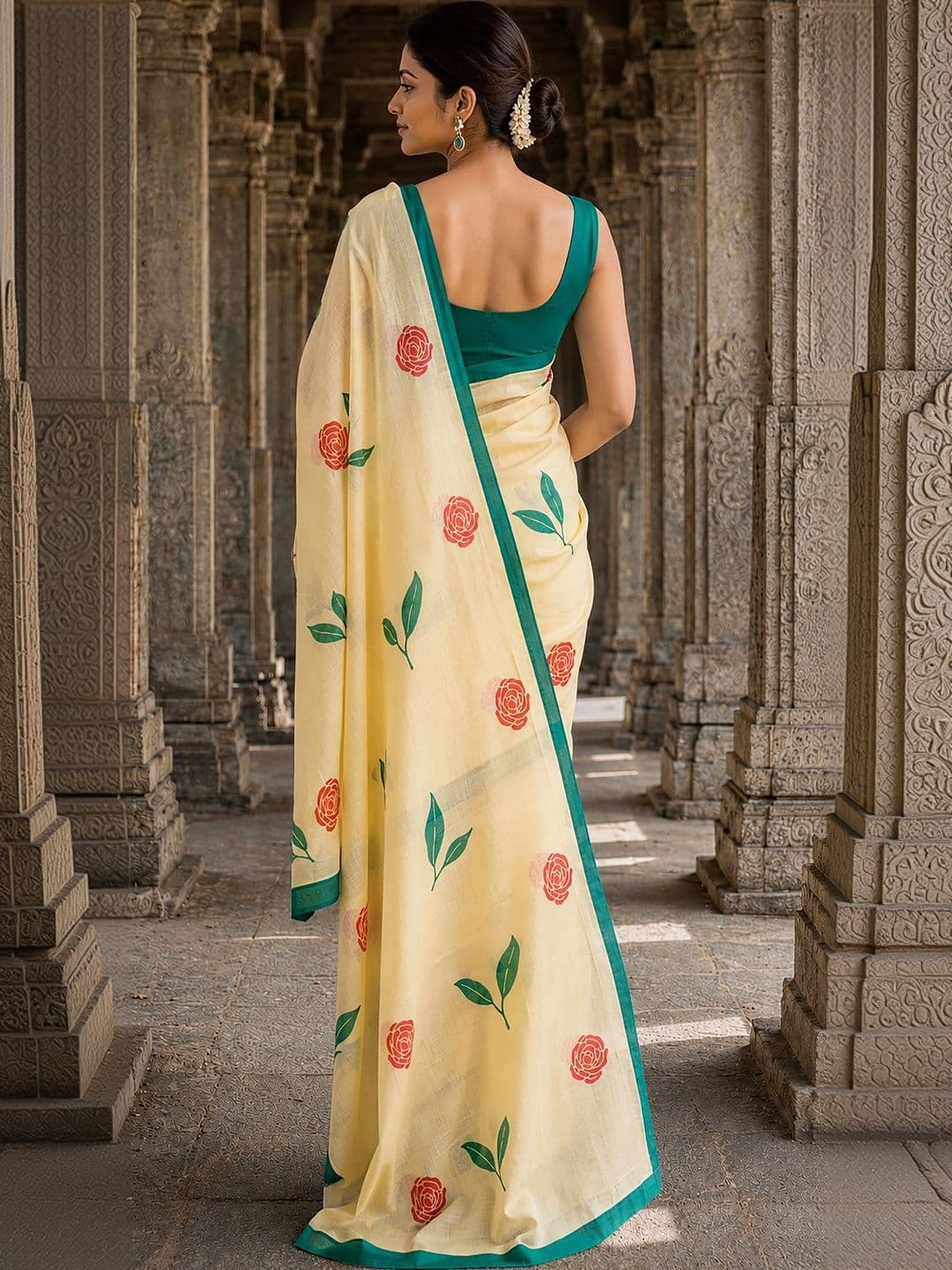 KALINI Floral Linen Blend Designer Block Print Saree thumbnail 5