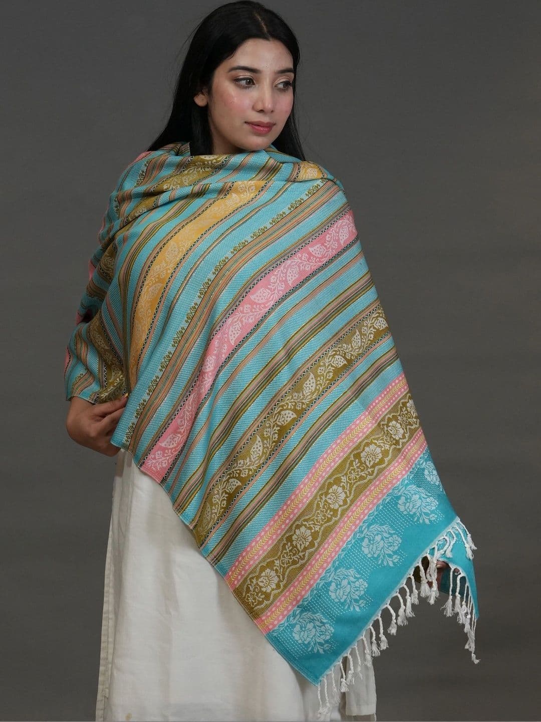 SHIFNEEN Women Striped Woven Design Acrylic Shawl thumbnail 4