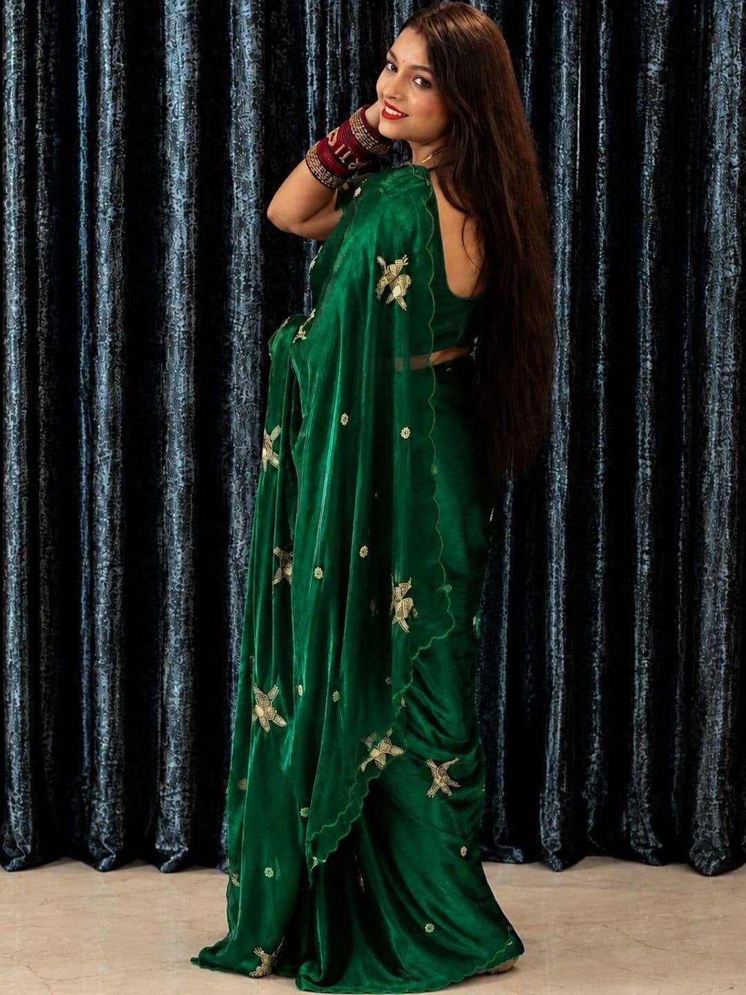 HK TEX Embroidered Satin Saree thumbnail 2