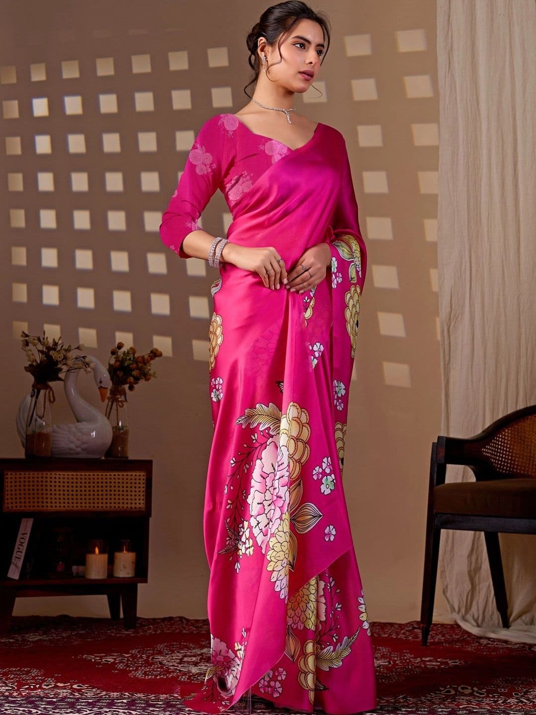 Mitera Floral Satin Fusion Saree thumbnail 6