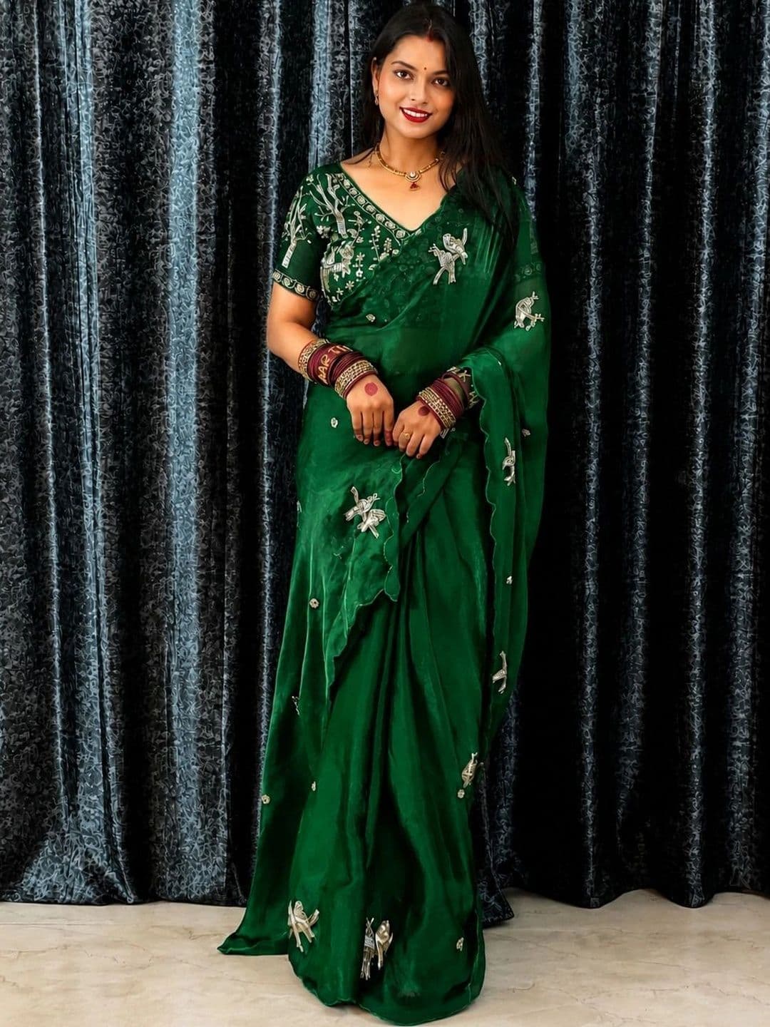 HK TEX Embroidered Satin Saree - view 1