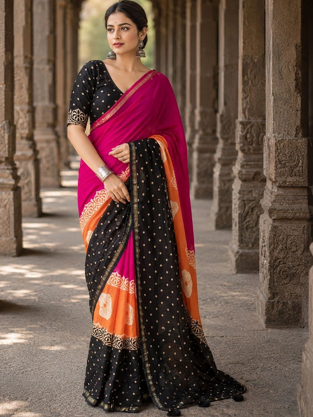 KALINI Linen Blend Designer Block Print Saree thumbnail 5