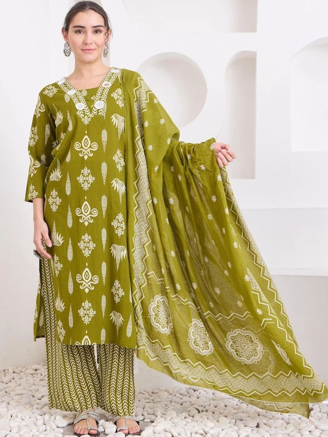 KALINI Women Ethnic Motifs Printed Regular Mirror Work Pure Cotton Kurta with Trousers & With Dupatta thumbnail 2